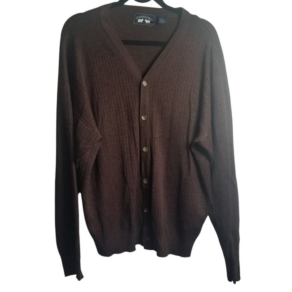 Vintage Woods & Gray Men's Wool Blend Heritage Brown Cardigan Sweater Sz L